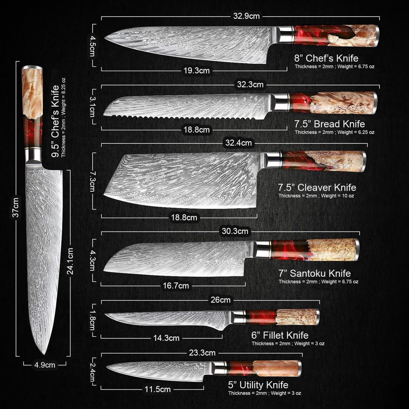 SAKUTO (作東) Japanese Damascus Steel Kitchen Knife Set With Resin Handle