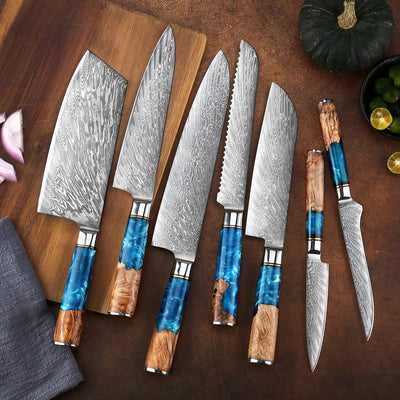 SAKUTO (作東) Japanese Damascus Steel Kitchen Knife Set With Resin Handle