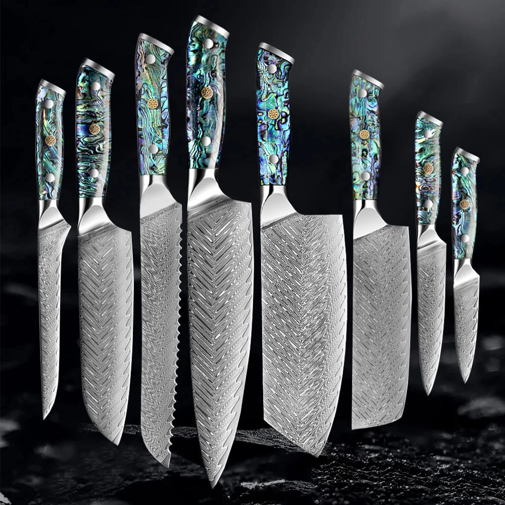 Okugai (おくがい) Damascus Steel Kitchen Knife with Abalone Handle