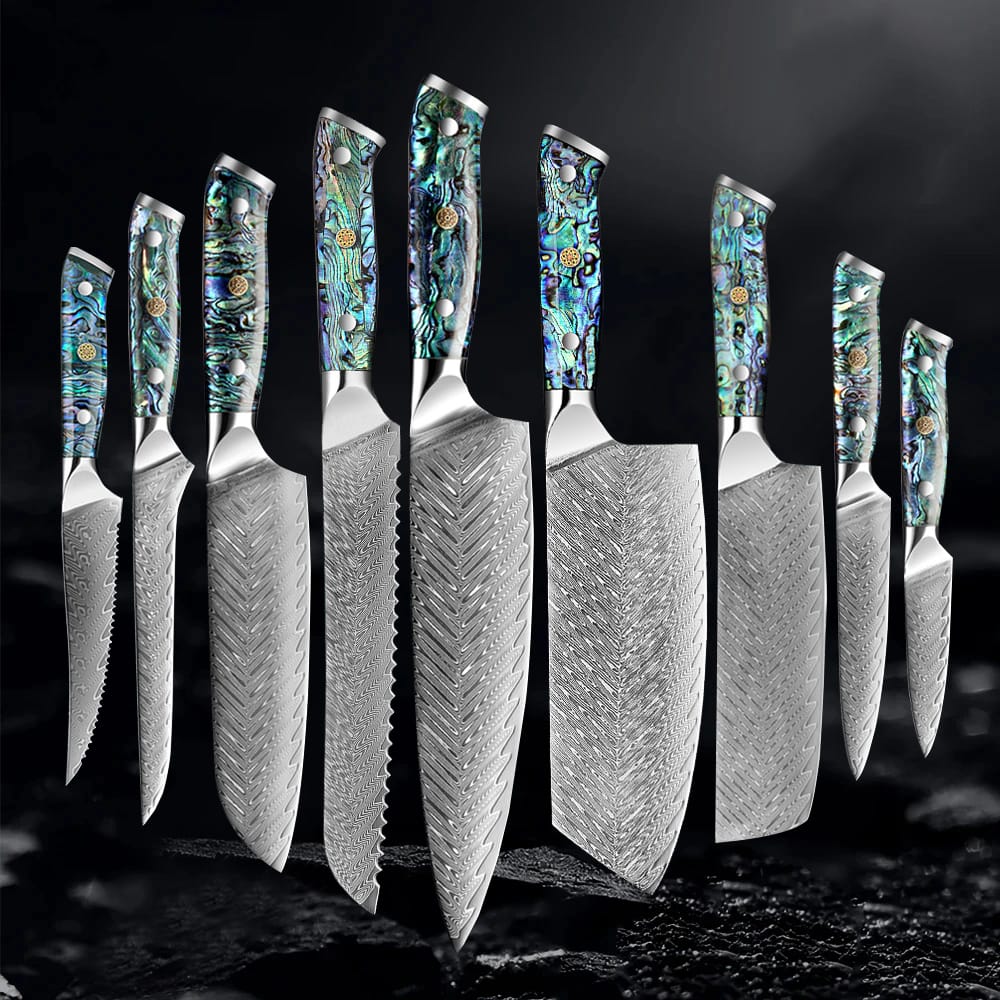 Okugai (おくがい) Damascus Steel Kitchen Knife with Abalone Handle