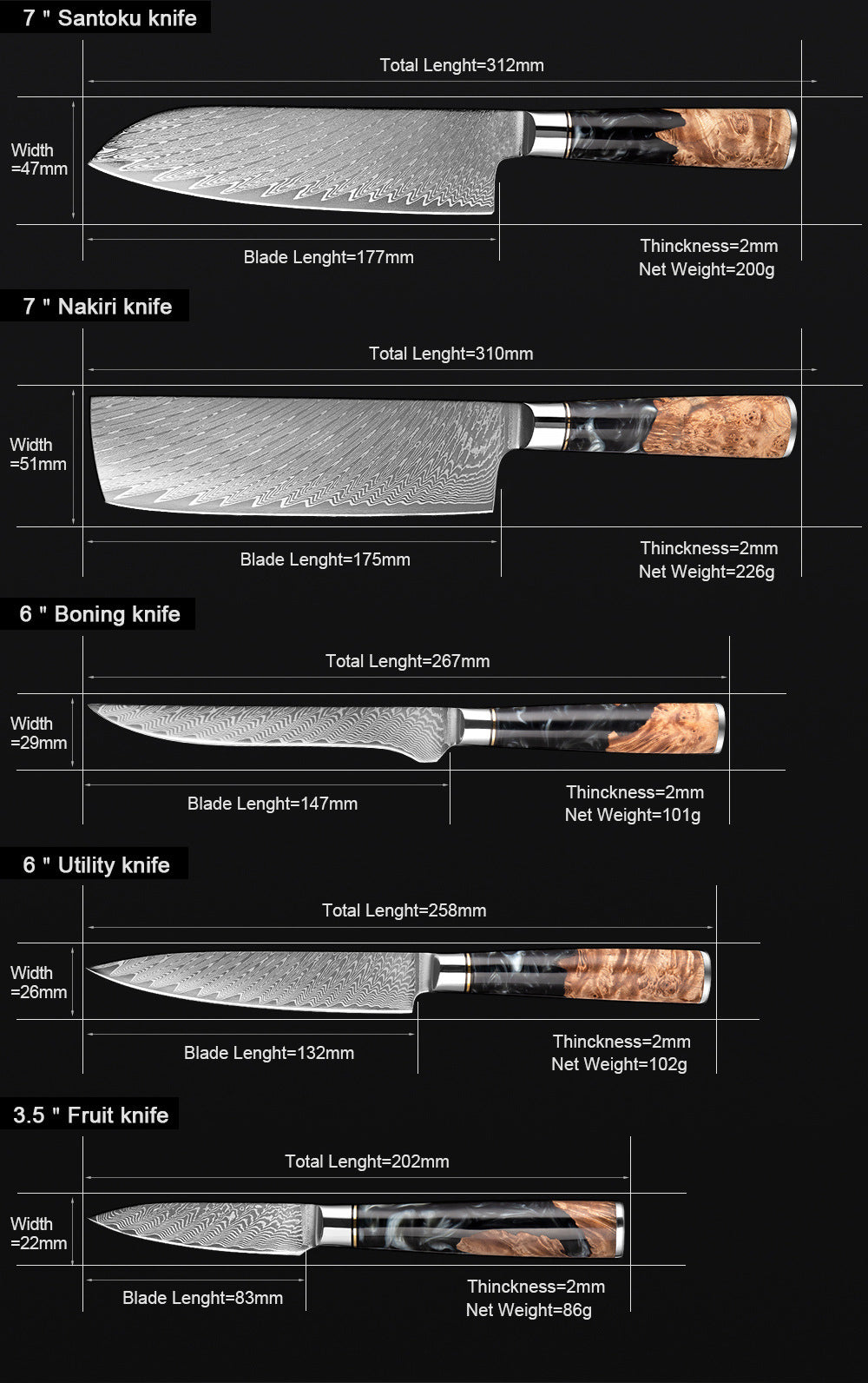 SAKUTO (作東) Japanese Damascus Steel Kitchen Knife Set With Resin Handle