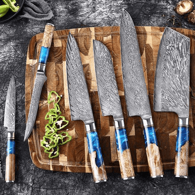 SAKUTO (作東) Japanese Damascus Steel Kitchen Knife Set With Blue Handle